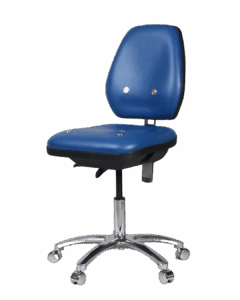 Front view of Megatek’s 9G Conductive Industrial Chair in blue industrial vinyl. The chair features silver G-STUD embedded in its seat pan and backrest, as well as a reinforced aluminium chair base and die-cast chair castors.